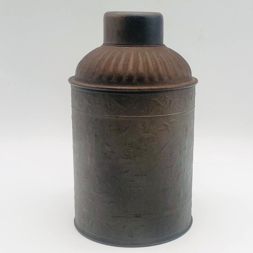 Antique Chinoiserie Tea Caddy Embossed Metal‎ Tin Bronze Tone Tinware 7.5"